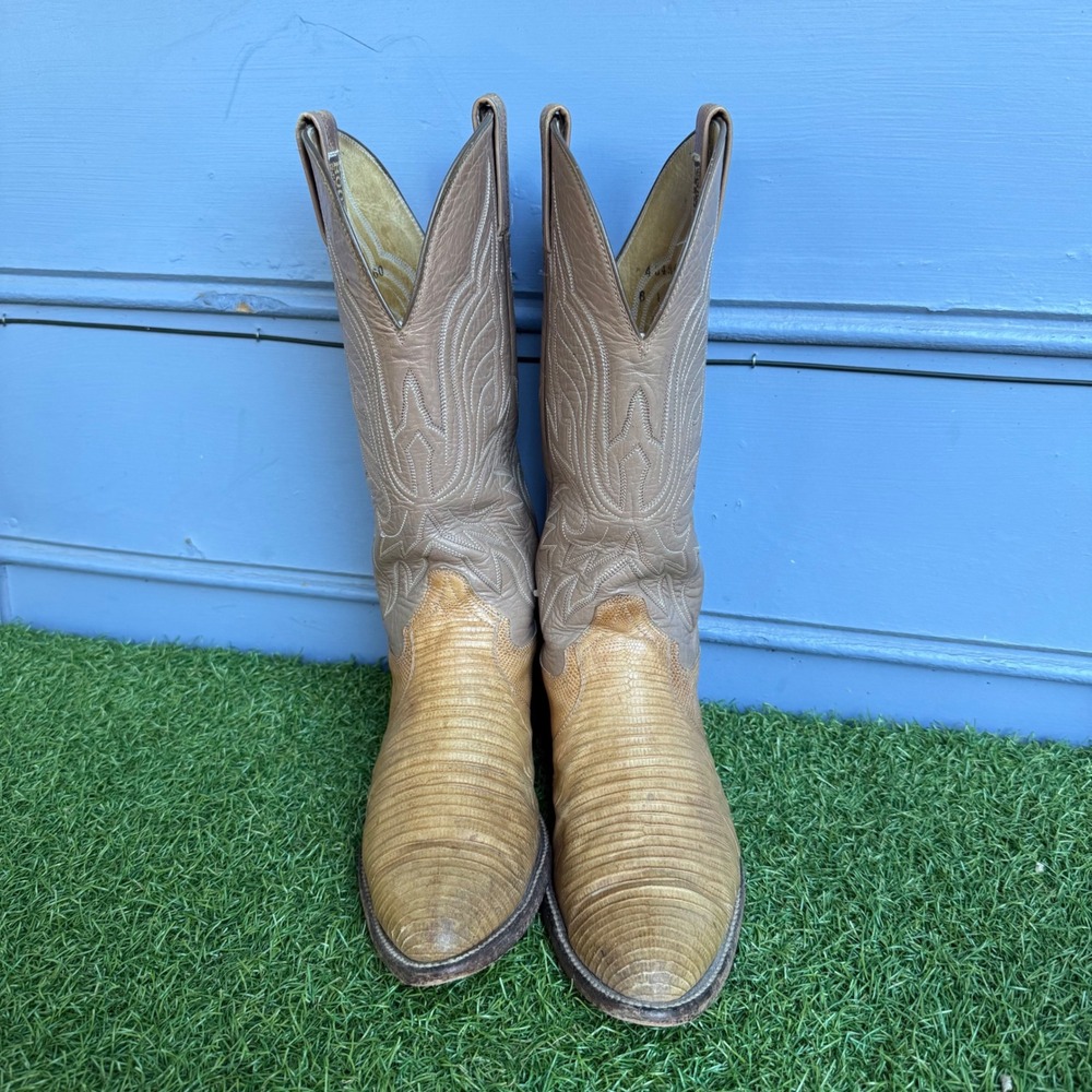 Vtg 70s Dan Post Teju Lizard Skin Western Cowboy Boots Tan Brown 8.5 D Neolite